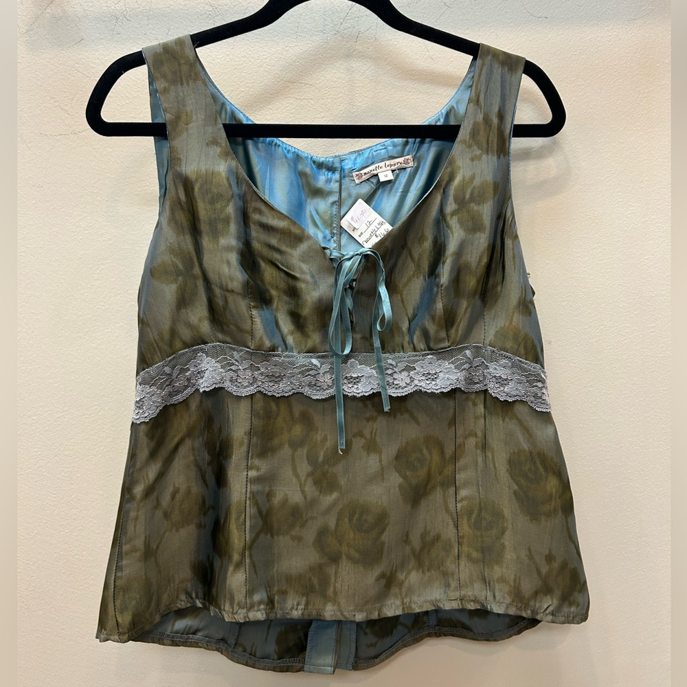 Nanette Lepore Olive Green Lace Trim Blouse